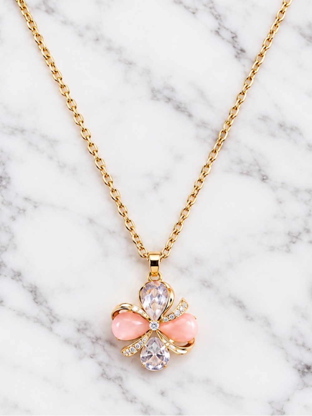 Gold plated Pink and Clear Clover Shaped Pendant Necklace-NWT